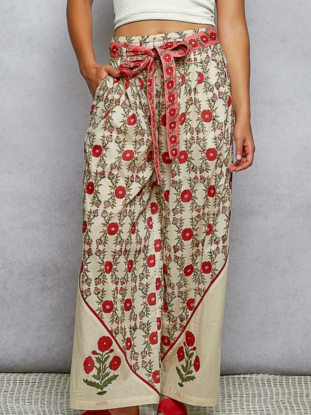 POL Cream Cotton Floral Wide Leg Pants